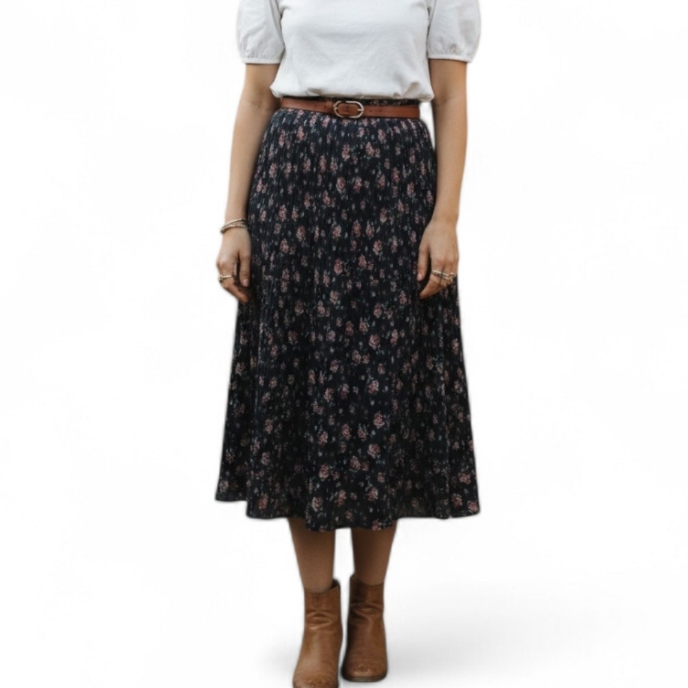 VINTAGE Jayne Thomas 90s Y2K Floral Pleated Black Midi Skirt A-Line Cottagecore